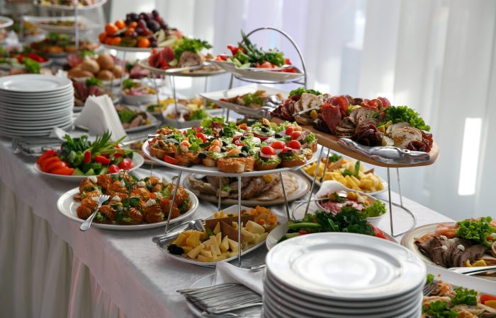 Catering service. Restaurant table with snacks food at event.